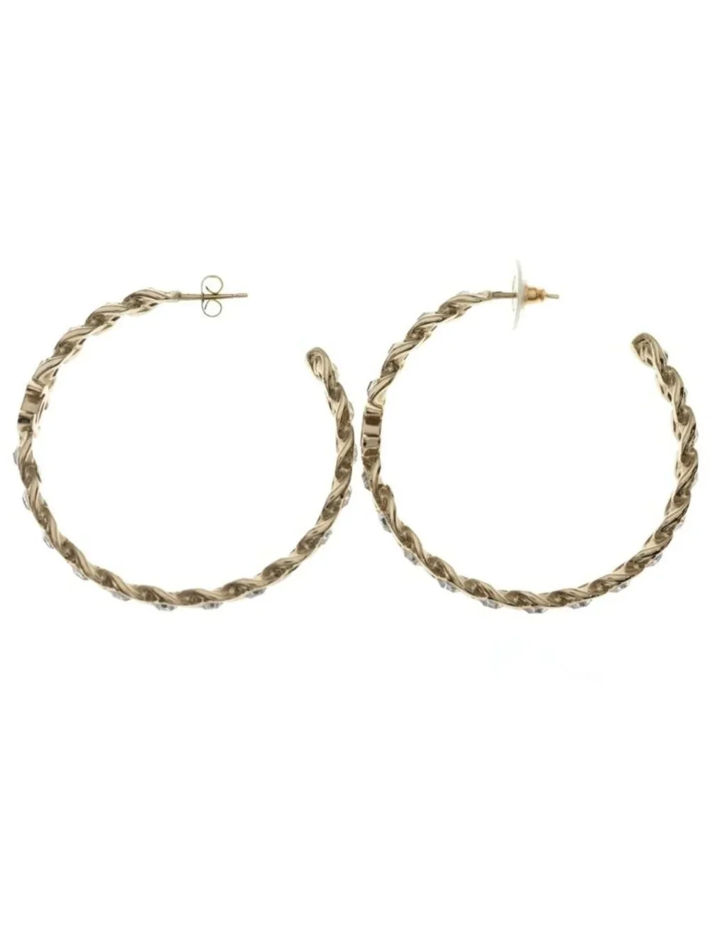 Chanel CC Logo Rhinestone Hoop Earrings Gold